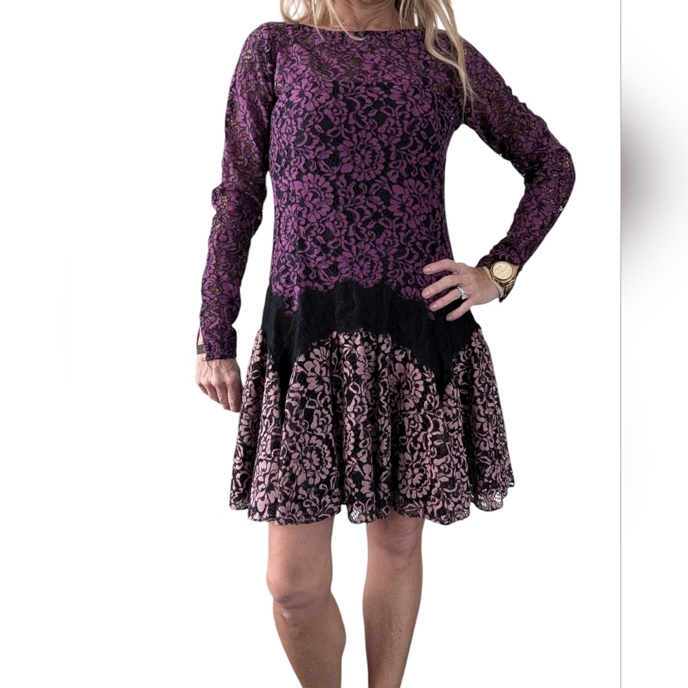 ZAC Zac Posen Purple Black Floral Lace Fit Flare Cocktail Dress Size 8